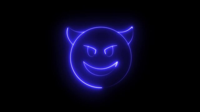 glowing neon devil icon animation . glowing neon demon emoticon. devil with grin face ,mockery emoticon ,cute demon icon .4k motion animation video .