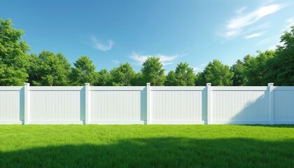 Obraz premium White vinyl fence stands on vibrant green grass lawn. Rich tall green trees line property boundary under clear blue sky with soft wispy clouds. Bright sunny summer day. Scene offers privacy,