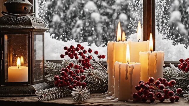 Farol vintage y varias velas de cera gruesa encendidas rodeadas de ramas de pino escarchadas y bayas rojas colocadas en una gran ventana de madera rústica
