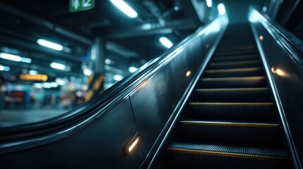 Fototapeta premium Empty escalators in a spacious, modern supermarket under cool, diffused lighting, capturing a sense of solitude and minimalism.