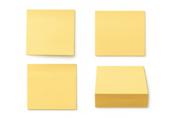 Yellow sticky notes and a stack of memo pads on transparent background, symbolizing organization, reminder, and communication
