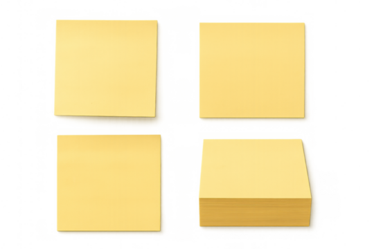 Yellow sticky notes and a stack of memo pads on transparent background, symbolizing organization, reminder, and communication