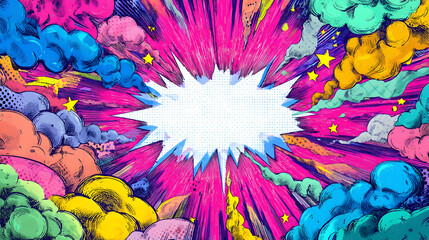 Dynamic comic book explosion with colorful clouds and central speech bubble for creative design