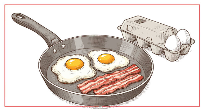 fried eggs and bacon in pan clip art preview