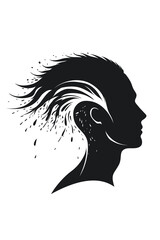 Vector illustration of a human head silhouette with abstract hair dissolving into particles. Concept art symbolizing mental energy, freedom, creativity, and emotional release.