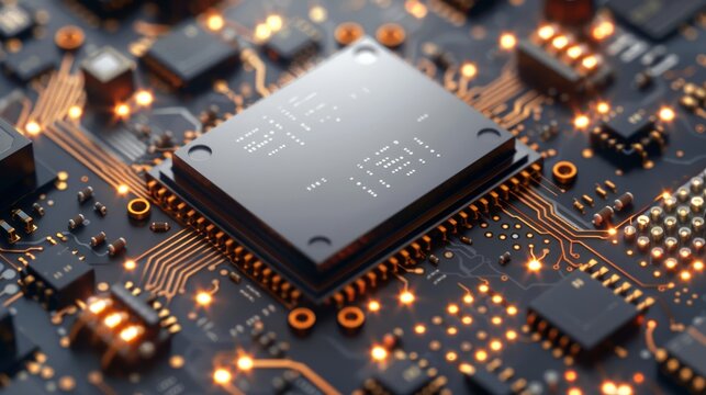 Advanced electronic pcb featuring processor and microchips   detailed 3d illustration