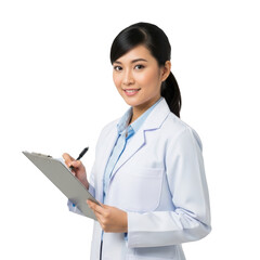 Young asian woman professional wearing white lab coat holding clipboard and pen smiling isolated on transparent background