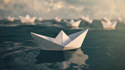 Delicate paper boats float gently on dark water, evoking dreams and fragile journeys.