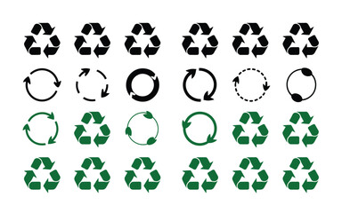Collection of recycling symbols and arrows in black and green