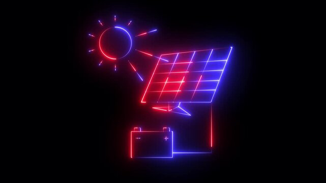 Solar energy panel icon with sun animation. solar panel electric energy storage battery charger. solar panel battery icon animation concept. 4k motion graphics animation.