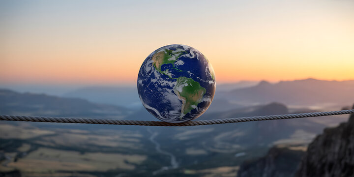 Fragile Earth suspended on a tightrope against a vibrant sunset sky, delicate balance.
