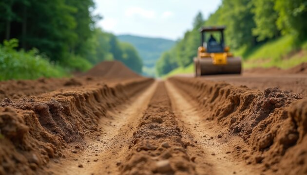Road construction site shows compacted ground with dirt tracks. Heavy roller machinery prepares earth foundation for new highway pavement. Building transport infrastructure in rural countryside - Powered by Adobe