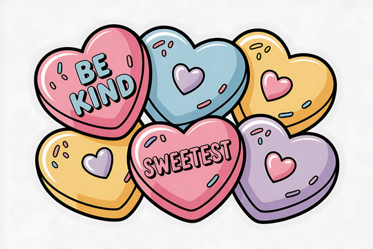 Colorful hearts with sweet messages promote kindness and positivity, creating a joyful, uplifting scene.