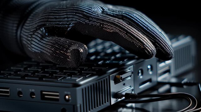 Cybersecurity hacker glove keyboard encryption data breach stealth move dark technology cybercrime password code malware spyware firewall network