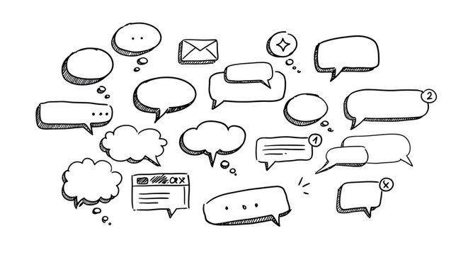 Hand drawn speech bubbles and chat icons doodle set for communication design