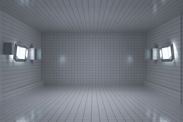 Geometric room with repeating tile pattern, illuminated by square lights on opposite walls.