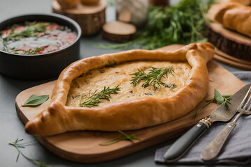 Warm, savory bread boat filled with flavorful ingredients, herbs, and a rustic wooden setting.