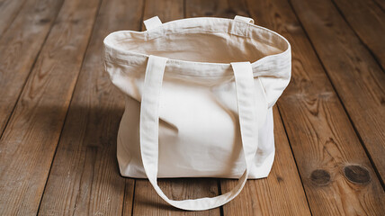 Simple, blank tote bag stands upright on a rustic wooden surface, ready for use.