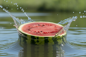 Watermelon slice splashes into water, creating a refreshing burst of vibrant color and motion.