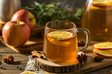 Warm apple cider with fresh fruit, spices, and pinecones, evoking autumn and cozy gatherings.