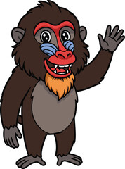 Cartoon mandrill standing upright, waving hand, colorful face, smiling expression, flat vector, isolated, cad drawing