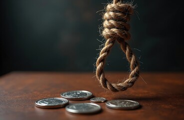 Hangmans noose hovers over coins. Brown leather background signifies poverty economic struggle. Concept illustrates debt burden, financial problems. Metaphor risk linked with investing. Loss symbol