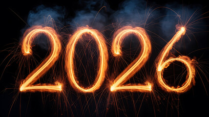 Fiery numerals '2026' emerge from sparks and smoke, symbolizing a new year's vibrant beginning.