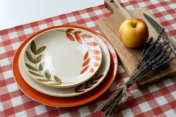 Stack of ceramic plates with leaf patterns sits on a red and white checkered tablecloth.