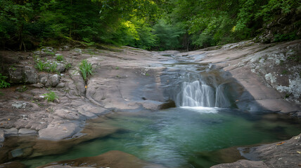 Lush foliage frames a serene stream cascading over rocks into a tranquil, clear pool.