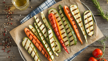 Grilled vegetables, zucchini, carrots, and peppers on parchment, fresh herbs, vibrant colors.