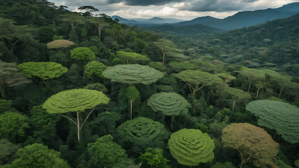 Lush, vibrant rainforest cascades across rolling hills, creating a breathtaking, verdant landscape.