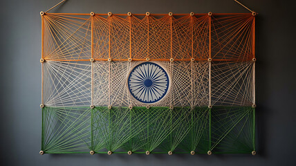 String art recreation of a national flag, displaying colors and patterns in a unique textile design.