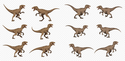 Multiple cartoon raptors in various poses on a white background.