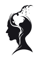 Vector illustration of a woman’s head silhouette with abstract liquid shapes flowing from the top, symbolizing emotional release, mental energy, and inner transformation.