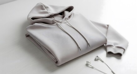 Folded Minimal Beige Hoodie Mockup with Earphones on White Table