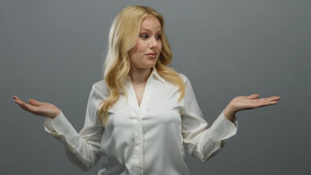Young blonde woman in white shirt with open arms posed against a plain grey background expressing a concept on balance choice or decision making