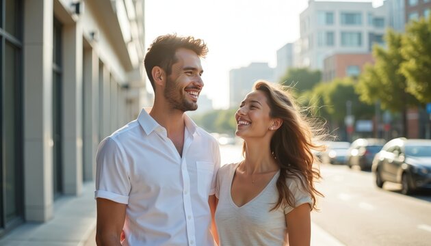 Happy young couple walks along city street enjoying sunny day. Smiling man, woman look at, laughing together. Lovers stroll outdoors on romantic date, showing connection, strong relationship.