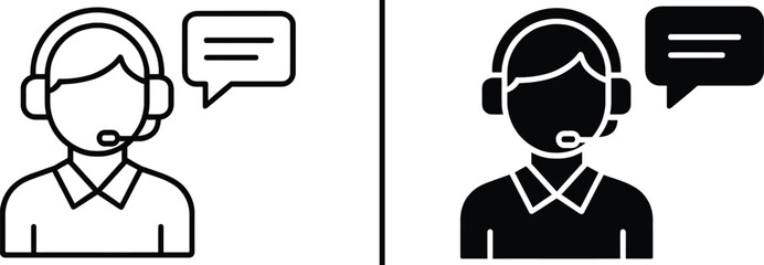 Customer Service Icons: Dual icons of a customer service representative, one in outline and the other filled, each displaying a speech bubble. Representing support and assistance
