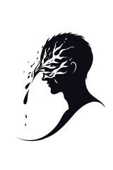 Vector illustration of a man’s head silhouette with abstract liquid shapes flowing from the face, symbolizing emotional release, trauma, mental struggle, and psychological healing.