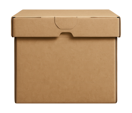 Durable cardboard box with interlocking flaps for storing holiday decor in the garage.