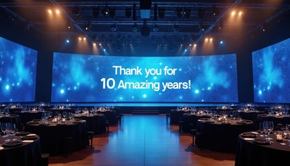 Indoor shot shows stage decorated for company anniversary. Screen displays message Thank you for 10 Amazing years. Tables set ready for guests at event. Scene lit with event lighting in hall.