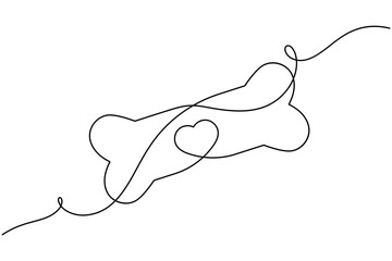 Cute dog bone continuous one line drawing on white background minimalist pet animal outline vector illustration