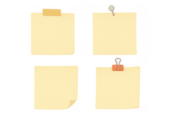 Yellow sticky notes with pushpin, binder clip, and adhesive tape, organizing reminders and tasks, transparent background