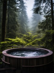 Fototapeta premium A wooden hot tub sits peacefully amid tall, green trees in a misty forest.