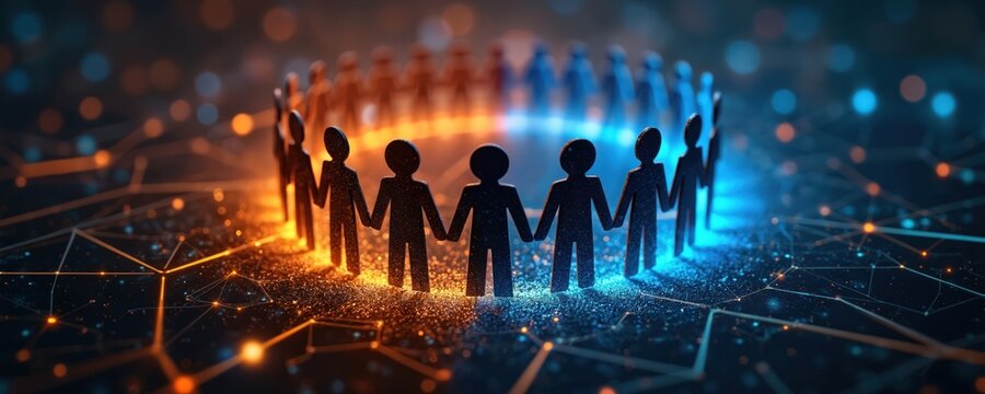 Abstract image features connected silhouettes in circle. Figures joined together representing teamwork, community. Photo evokes concepts of network technology partnership digital transformation,