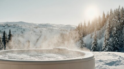 A serene hot tub sits surrounded by snow-covered trees and mountains