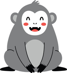 Cartoon monkey sitting with red cheeks, white face, smiling expression, flat vector, isolated, cad drawing