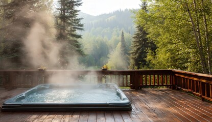A wooden hot tub sits peacefully amid tall, green trees in a misty forest.