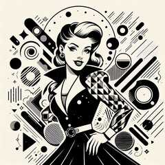 fashion model in retro style, fashion model in retro style dress, retro woman with retro hairstyle, retro woman with retro style, retro girl with retro style, girl in a hat, girl in a black dress