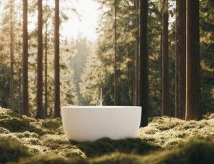 A wooden hot tub sits peacefully amid tall, green trees in a misty forest.